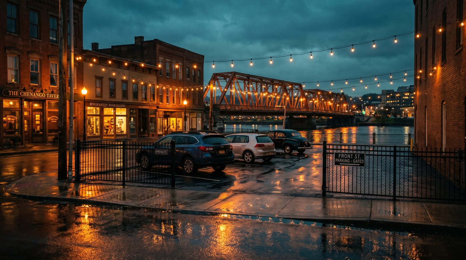 91 Front St parking lot at dusk, downtown Binghamton NY, with the Court Street bridge in the background