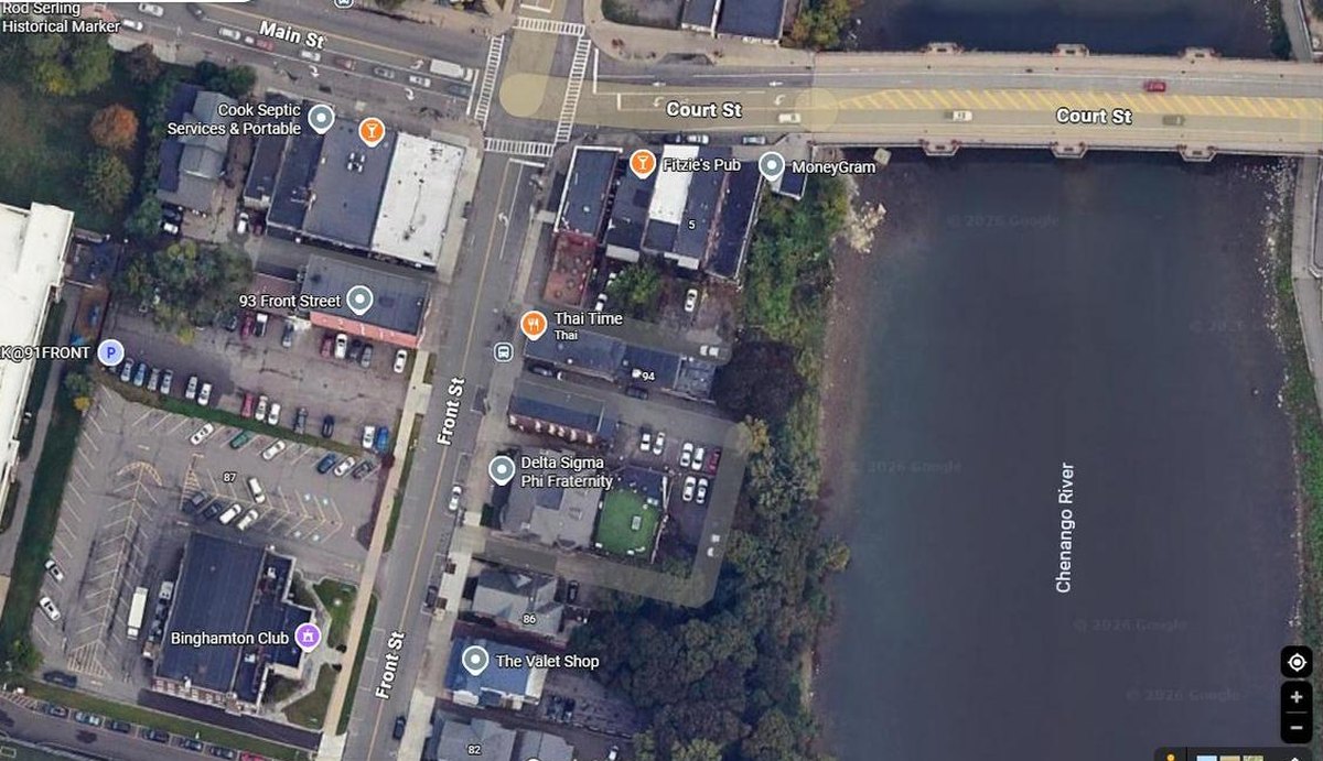 Overhead satellite view of 91 Front St Parking, Binghamton NY, between the Court and Clinton Street bridges