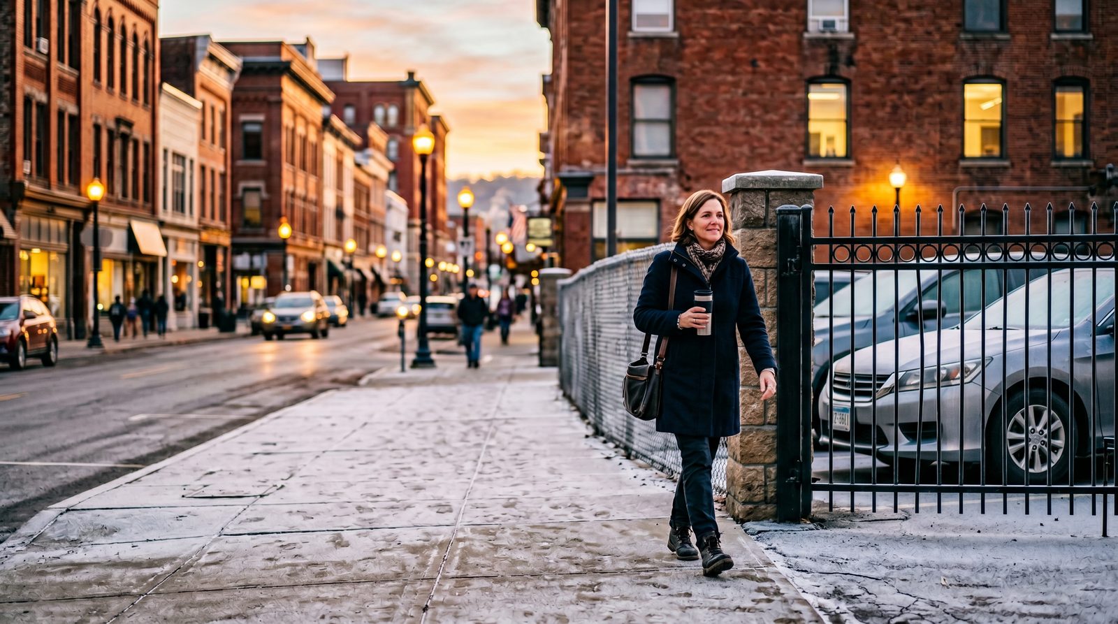 Teacher walking out of the 91 Front St parking lot at sunrise in downtown Binghamton